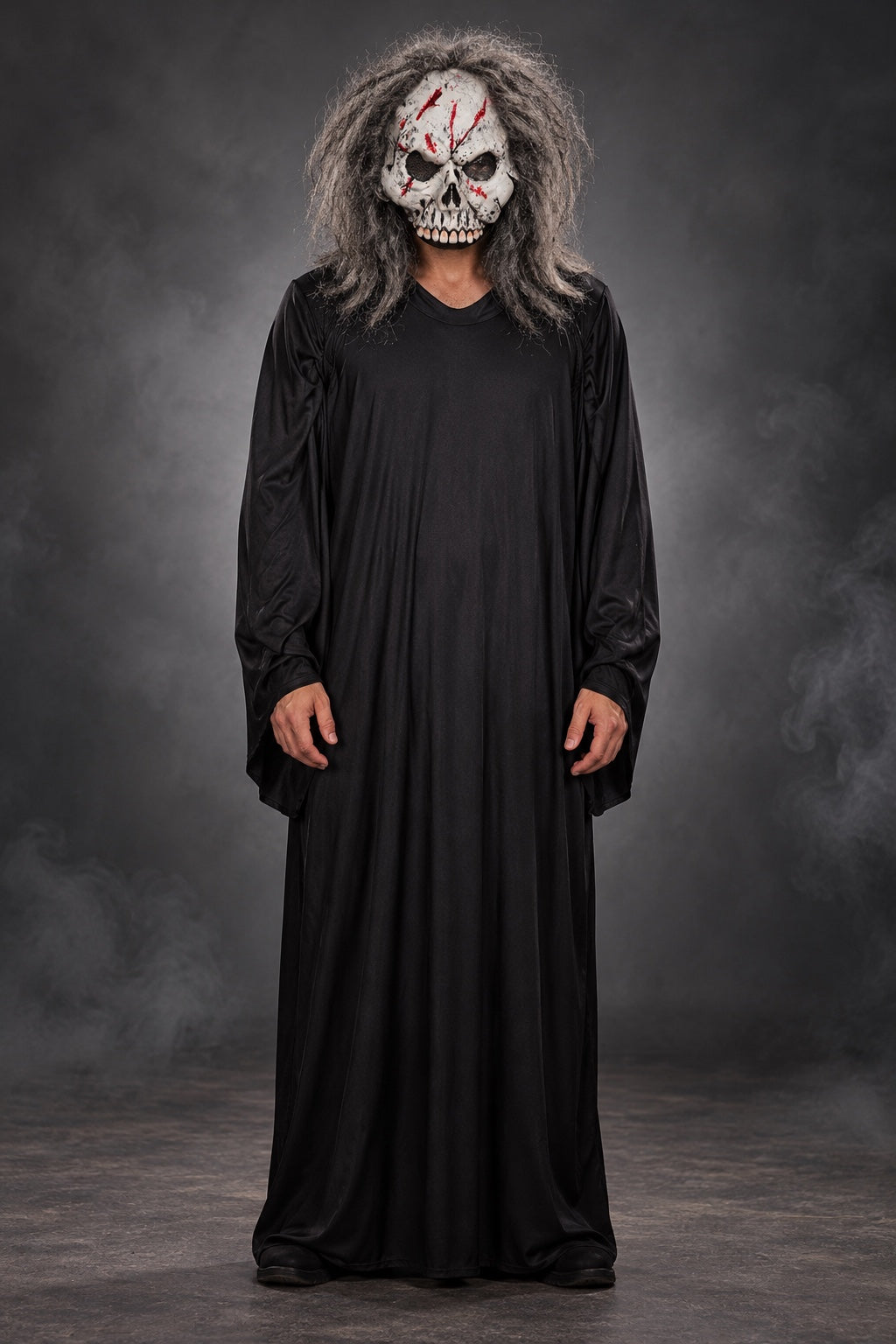 Front view of black reaper Halloween costume with long gray hair and skull mask