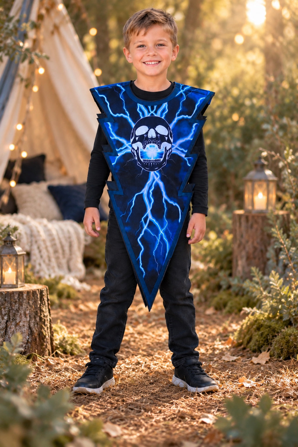 Boy wearing a blue lightning skull ninja costume accessory over black clothing