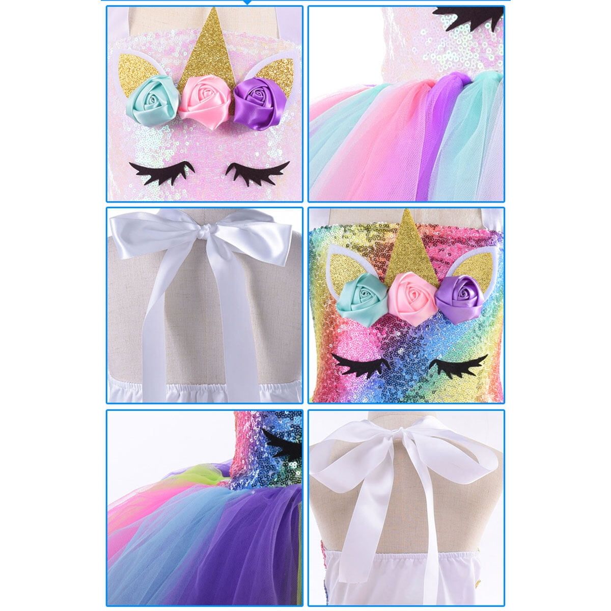 KAWELL Girls Unicorn Costume Sequin Rainbow Tutu Dress with Headband and Wings