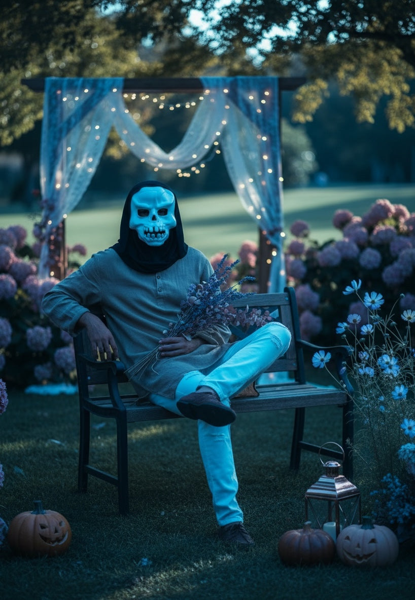 Skeleton reaper Halloween mask with black hood seated on bench with Halloween decor