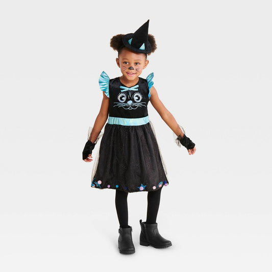 Toddler Pom Pom Cat Witch Halloween Costume Dress with Accessories
