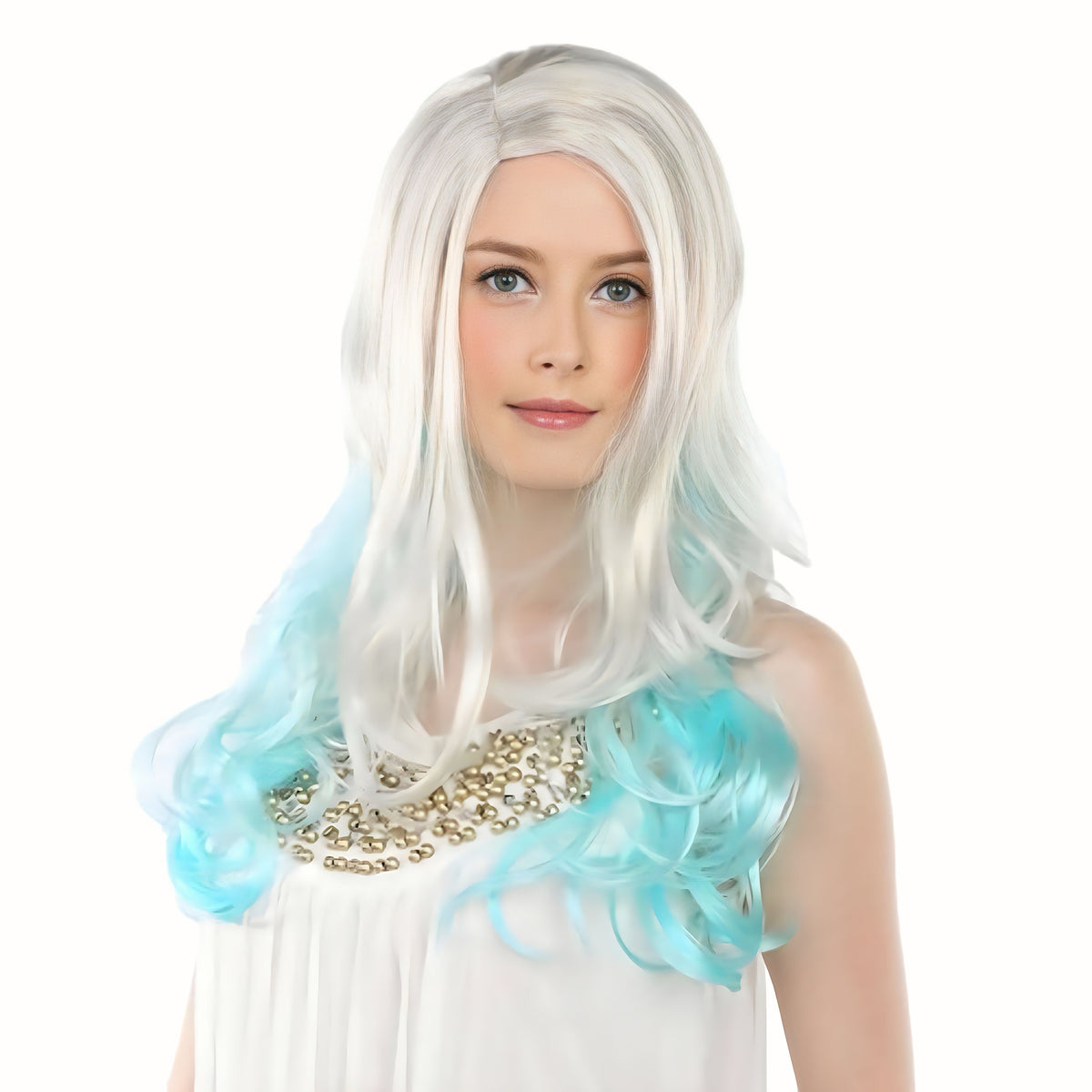 Ice Princess White & Aqua Blue Ombre Long Wavy Costume Wig
