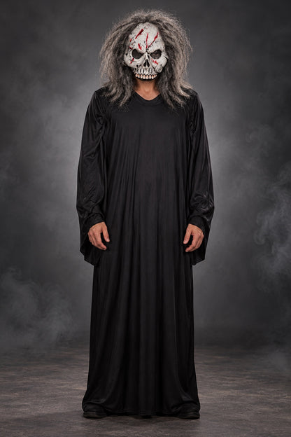 Front view of black reaper Halloween costume with long gray hair and skull mask