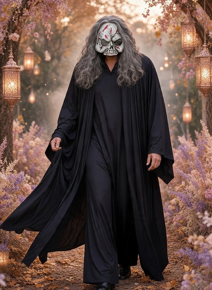 Adult wearing a black flowing reaper robe, long gray hair, and a white skull mask with red markings in an autumn garden
