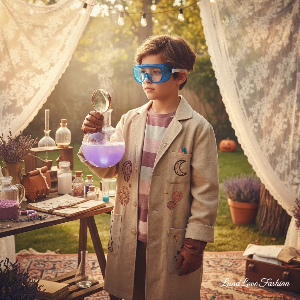 Blue science goggles styled on a child scientist costume with laboratory props