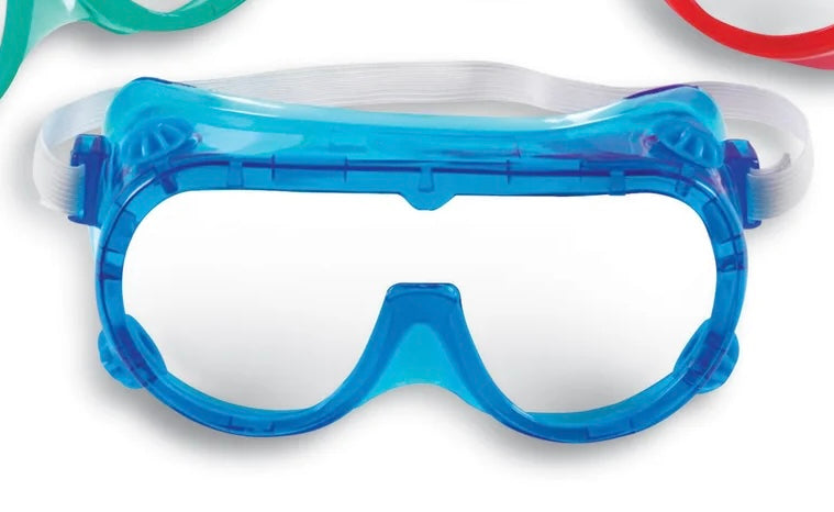 Blue translucent science goggles with clear lenses and elastic strap