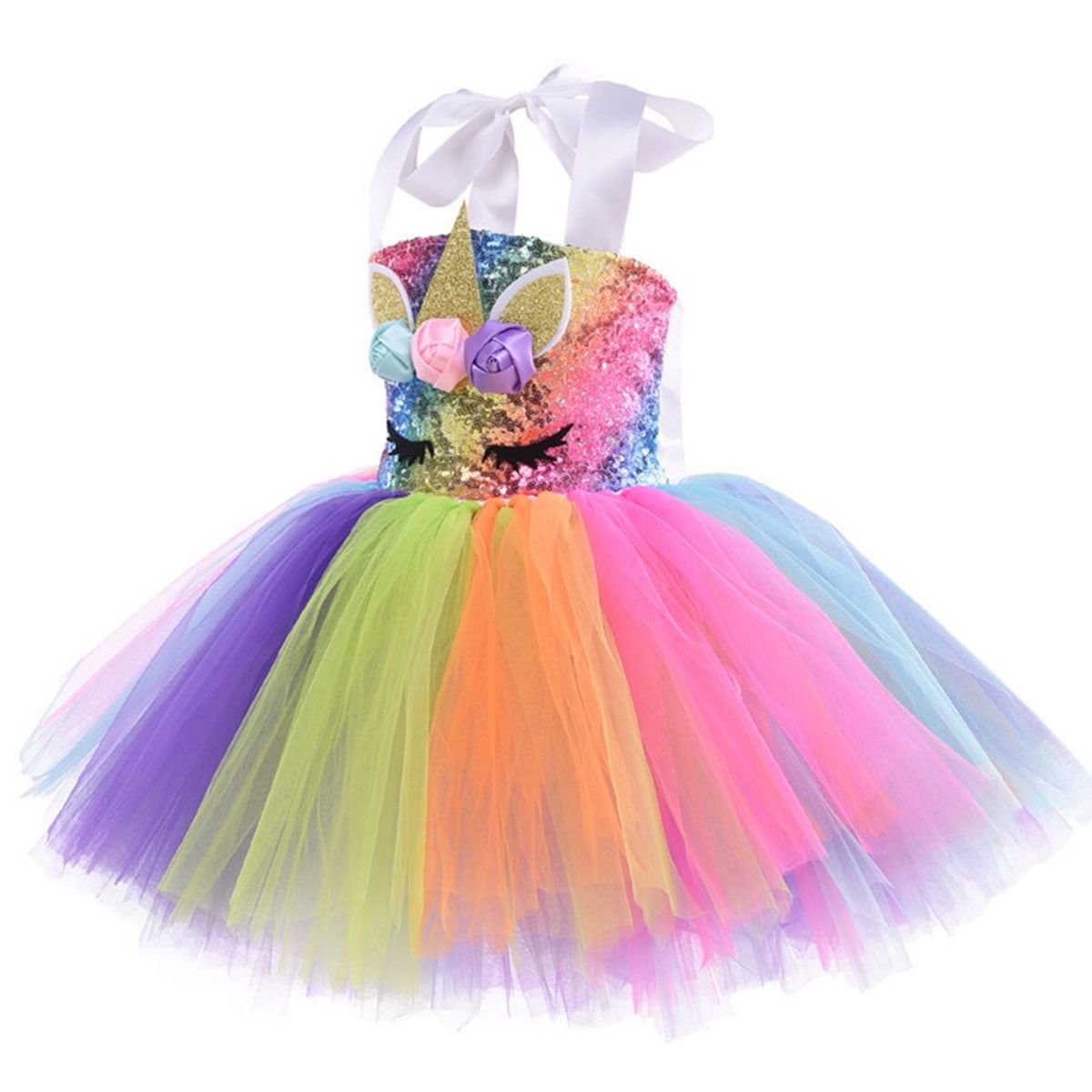 KAWELL Girls Unicorn Costume Sequin Rainbow Tutu Dress with Headband and Wings