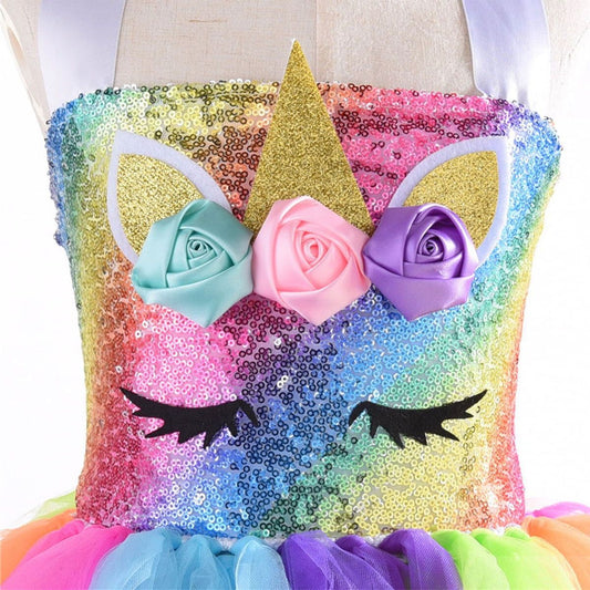 KAWELL Girls Unicorn Costume Sequin Rainbow Tutu Dress with Headband and Wings