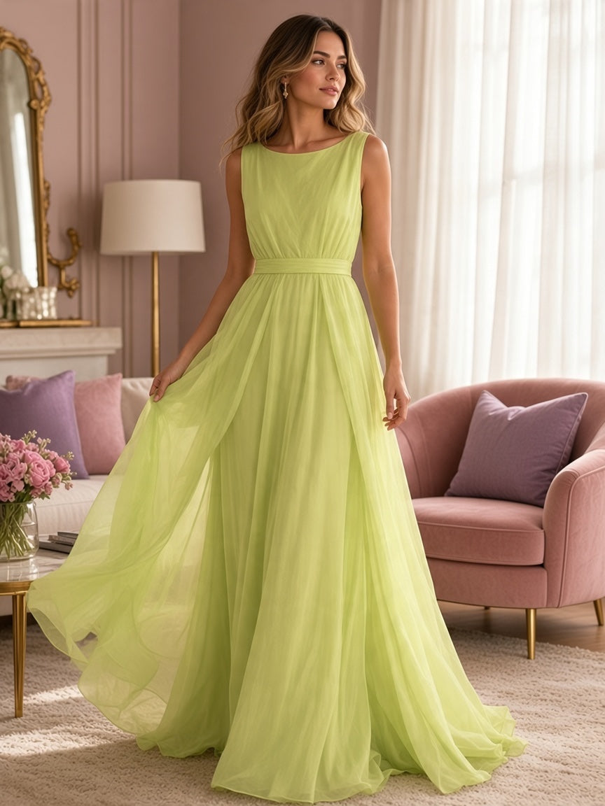 Sleeveless lime green full-length flowing gown with gathered waist