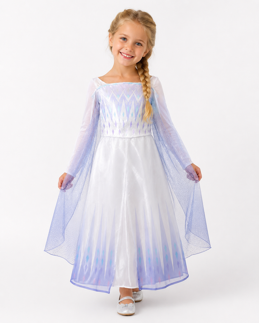 Girl modeling an icy white and blue Frozen costume, size small 4-6