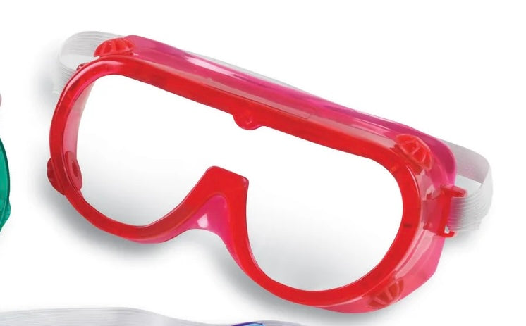 Red translucent science goggles with clear lenses and elastic strap