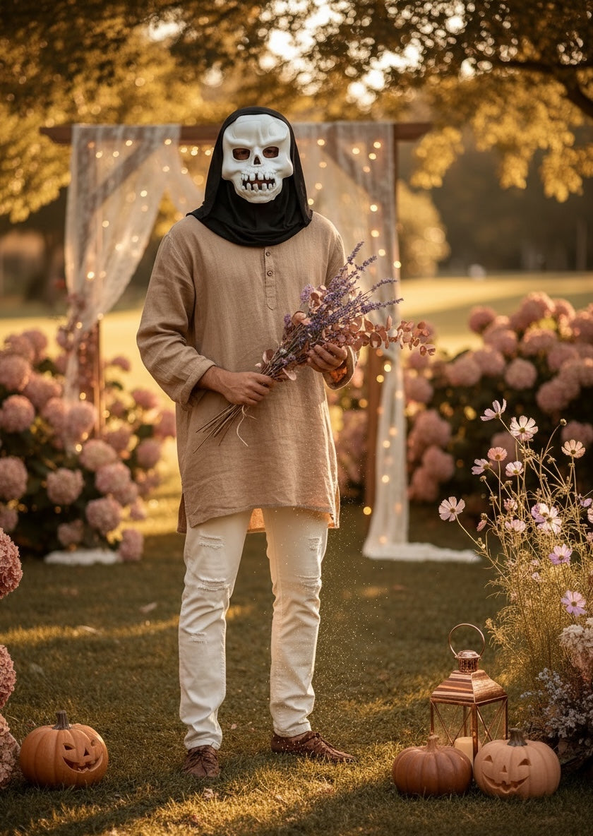 Skeleton reaper Halloween mask with black hood styled outdoors with pumpkins and flowers